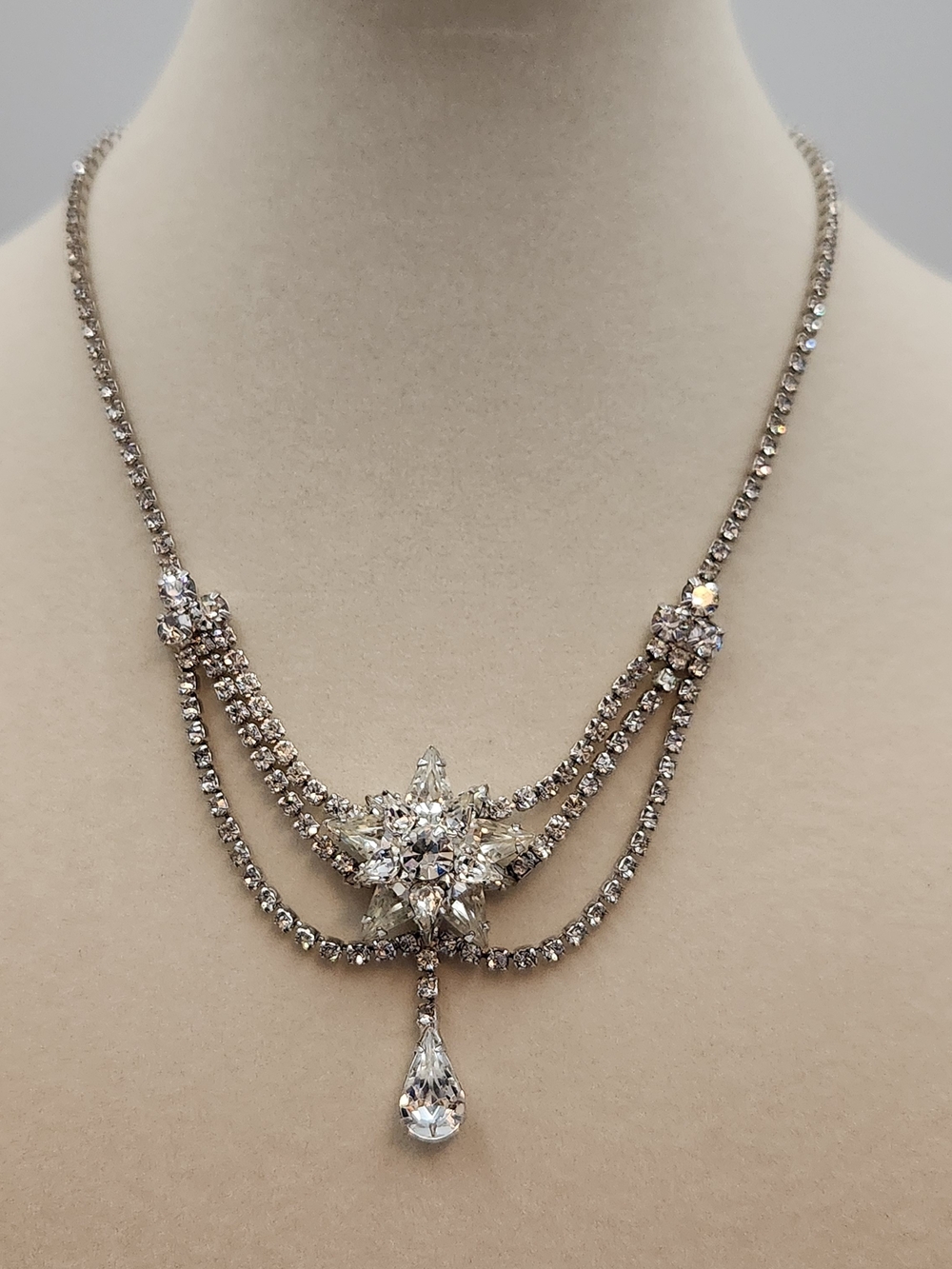 Crystal Star Drop Statement Necklace - Silver Tone